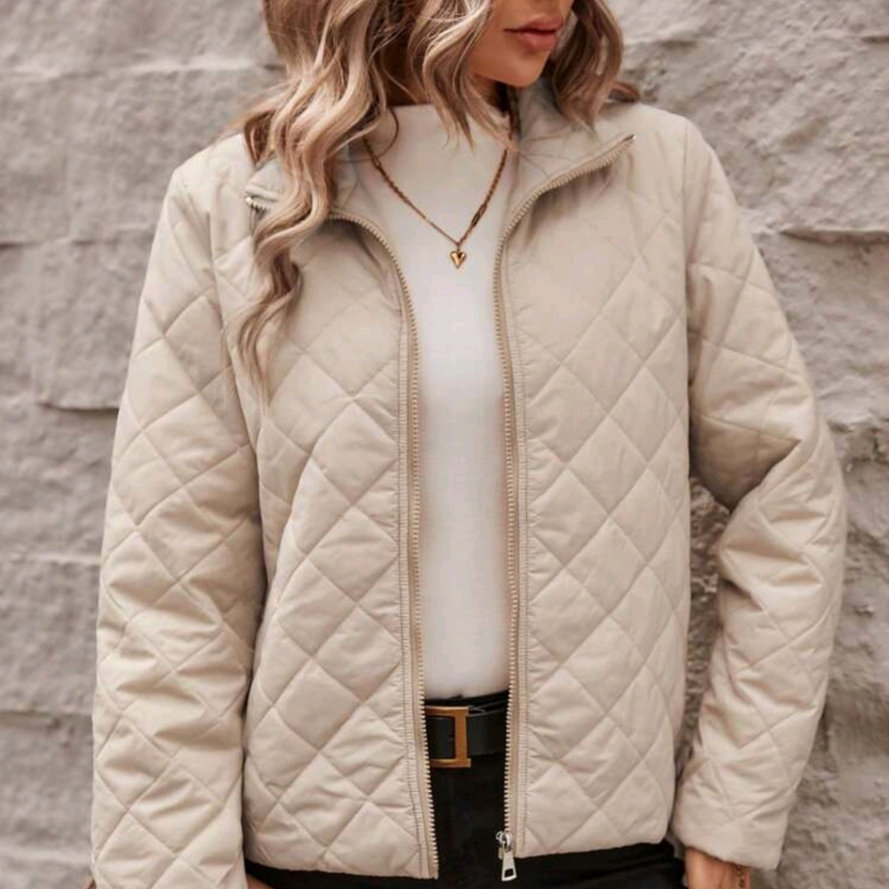 Ladies' Thin Padded Diamond Quilted Stand Collar Long Sleeve Padded Coat With Zi - Picture 1 of 4